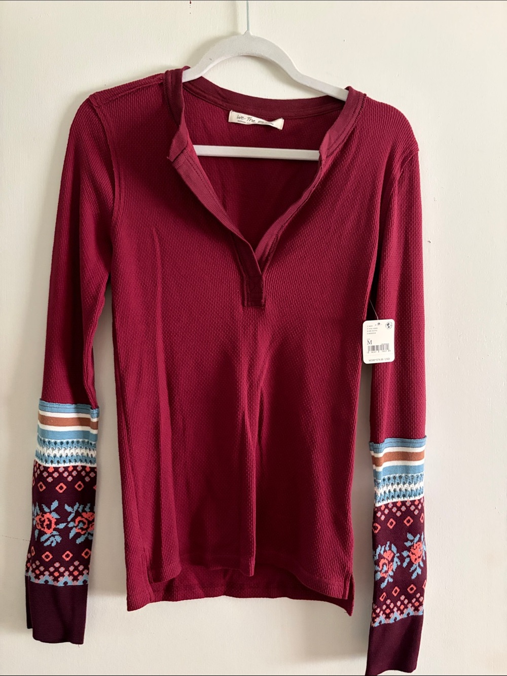 We The Free Burgundy Waffle Henley with Patterned Sleeve Cuffs